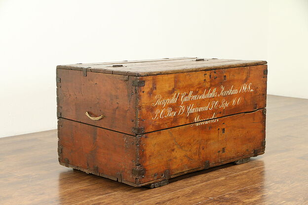 Pine Scandinavian Antique Immigrant Trunk or Coffee Table, Signed 1868 #31134 photo