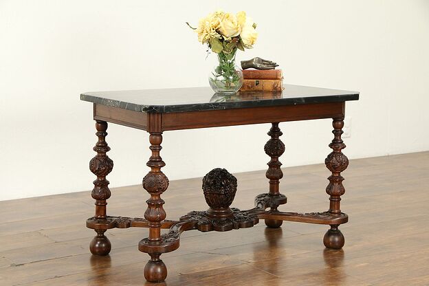 Renaissance Carved Walnut Antique Coffee Table, Black Marble Top #32083 photo