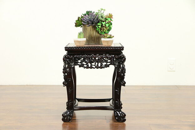 Chinese Antique Carved Rosewood Table or Pedestal, Rose Marble #30388 photo