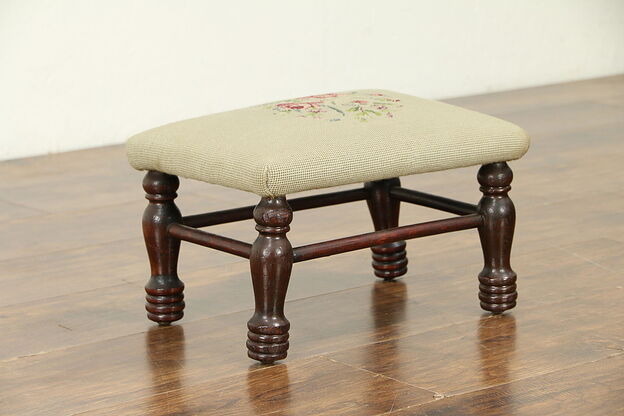 Mahogany Antique Footstool, Hand Stitched Needlepoint Upholstery #30737 photo