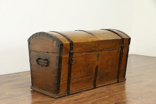Dome Top Antique 1830 Oak Trunk or Pirate Chest, Iron Bindings #31010 photo