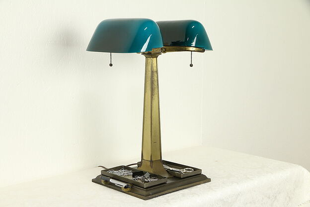 Emeralite Antique Partner Desk Double Banker Lamp, Green Shades #31811 photo