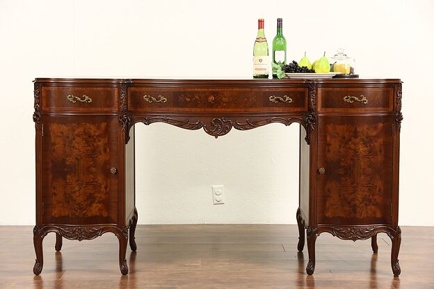 Country French 1940's Vintage Sideboard, Server or Buffet, Walnut & Marquetry photo