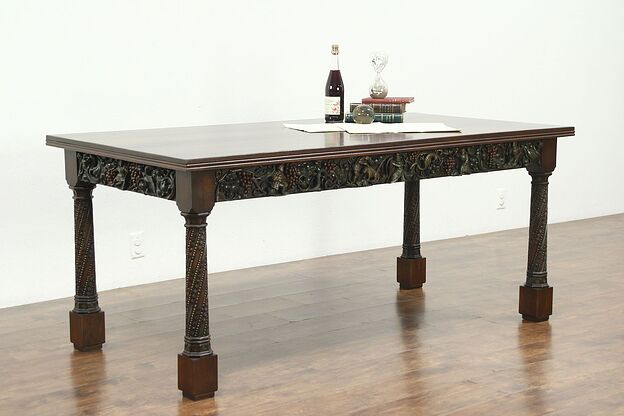 Renaissance 1910 Antique Desk, Dining or Library Table, Carved Grapes & Figures photo
