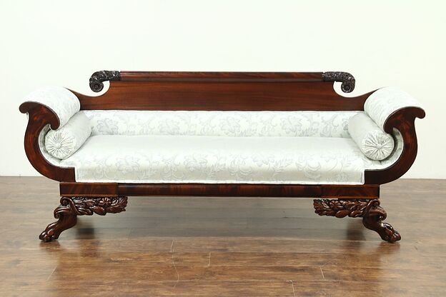 Empire 1830 Antique Mahogany Sofa, Acanthus & Lion Paw Carving, New Upholstery photo