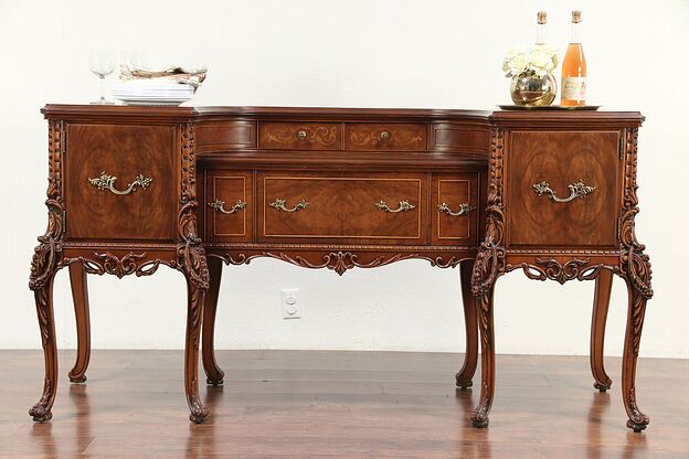 Carved Walnut and Marquetry Vintage Sideboard, Server or Buffet #29620 photo