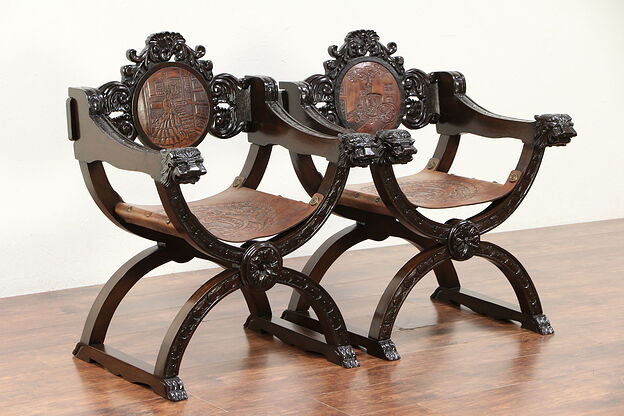 Pair Antique Italian Savonarola Chairs, Tooled Leather Crests, Lion Heads #29911 photo