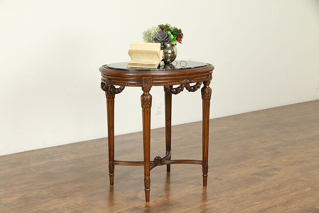 French Louis XVI Carved Antique Walnut Lamp or Hall Table, Marble Top #31410 photo