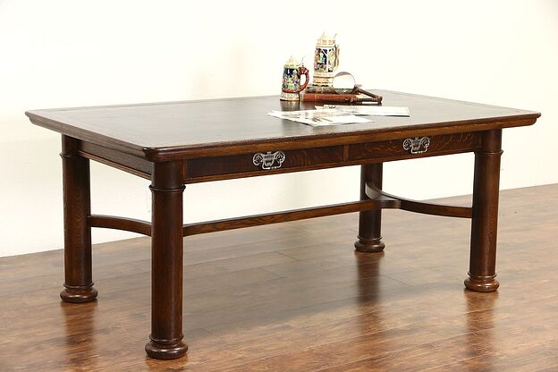 Oak 1900 Antique Oak Writing Desk, Library or Conference Table, Leather Top photo