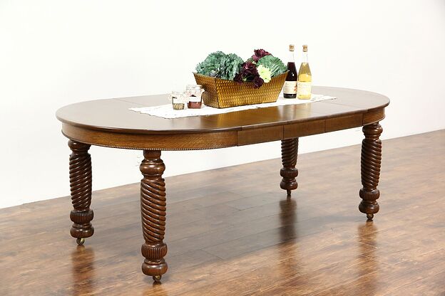45" Round Oak Antique 1900 Dining Table, 3 Leaves, Spiral Legs photo