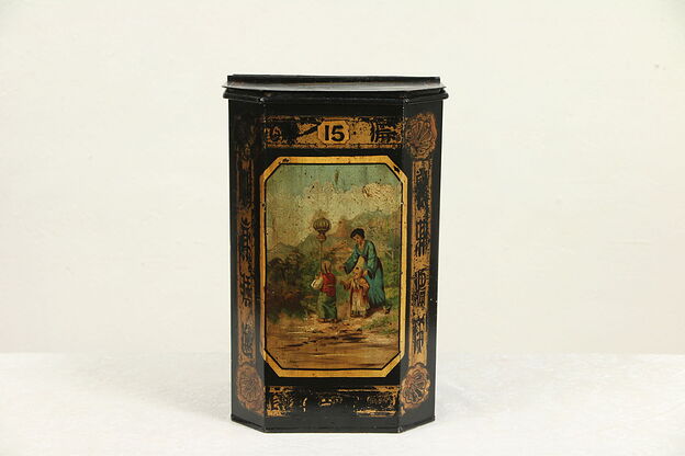 Victorian Antique English Hand Painted Tin Tea Bin, Signed Parnall  #29656 photo