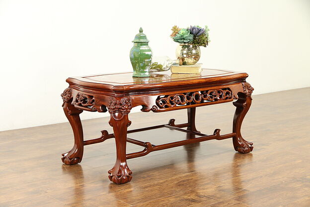 Chinese Rosewood Vintage Coffee Table, Pearl Inlay, Carved Temple Lions #31120 photo
