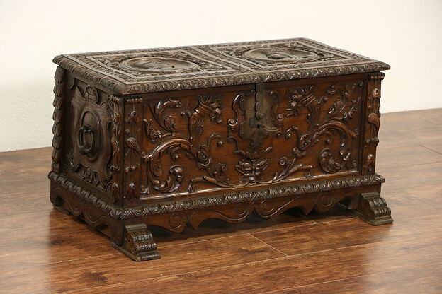 Italian Renaissance Carved 1890's Oak Dowry Chest or Trunk photo