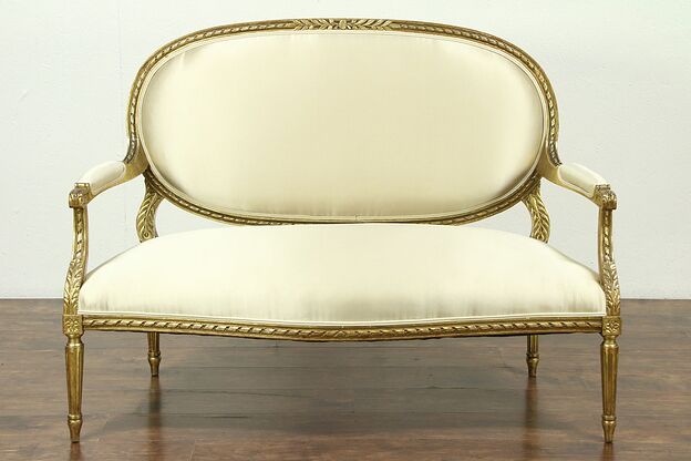 Louis XVI Style Antique 1910 Settee, Gold Leaf Finish, France #28603 photo