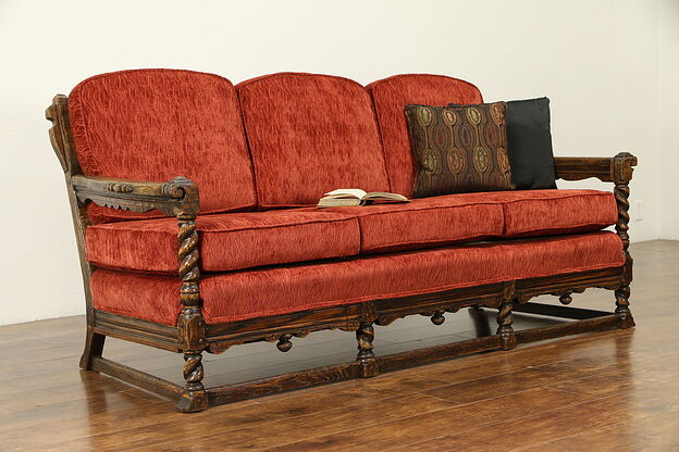 English Tudor Antique Carved Oak Club Sofa, Kittinger, New Upholstery #30847 photo