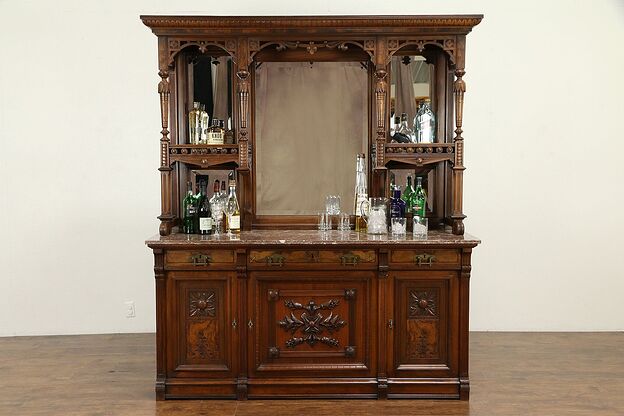 Victorian Eastlake Antique Sideboard, Server or Back Bar, Marble, Mirrors #31748 photo