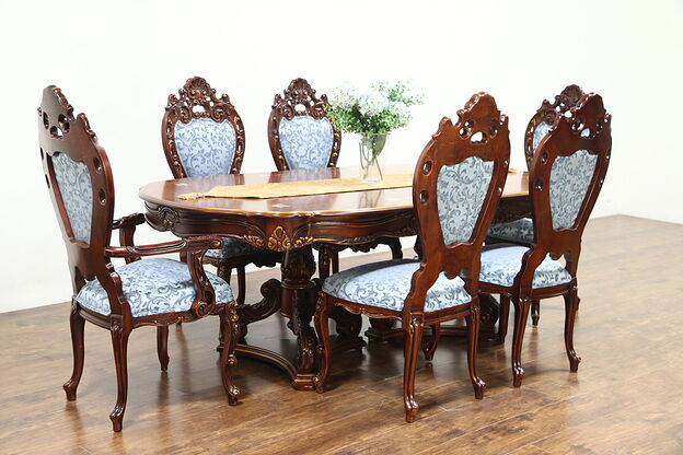 Baroque Carved Cherry Vintage Dining Set, Table, 6 Chairs, Signed Montalban photo