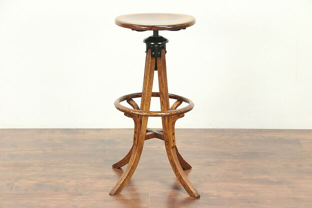 Architect or Drafting Stool, Swivel & Adjustable Oak 1910 Antique #29127 photo