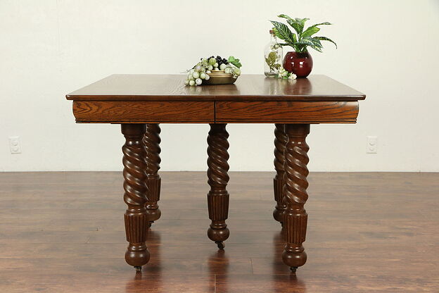 Oak Antique Victorian Square Dining Table, 2 Leaves, Spiral Legs  #29271 photo