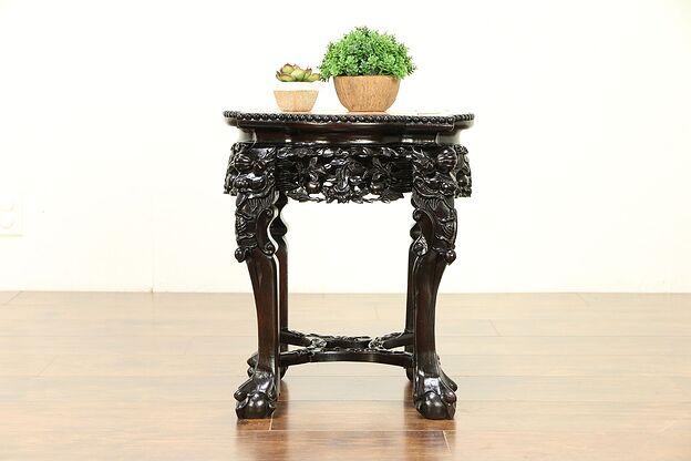 Chinese Antique Carved Rosewood Table or Pedestal, Rose Marble #30405 photo