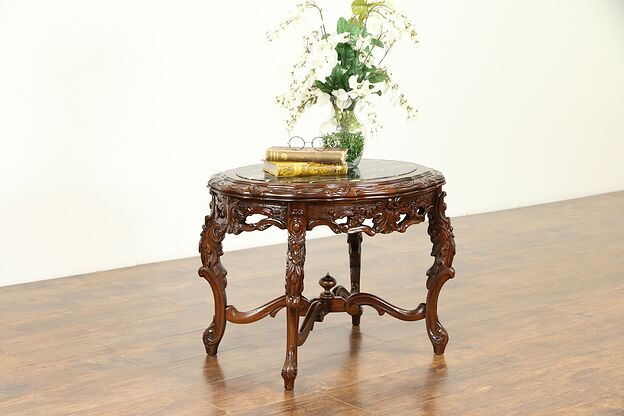 Carved Walnut Antique Oval Coffee Table, Black Portoro Nero Marble #31158 photo