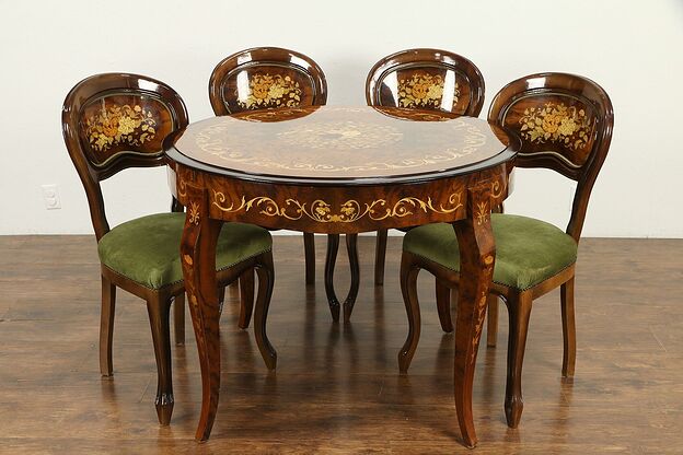 Game Table & 4 Chairs Italian Dal Negro Set, Chess, Roulette, Marquetry #31860 photo