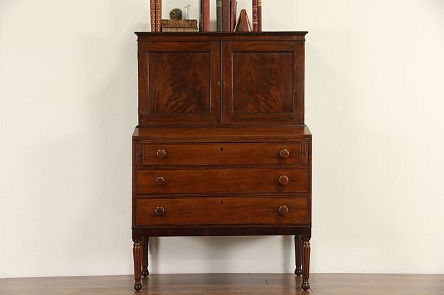 Sheraton 1830's Antique Mahogany Secretary Desk, Leather Top photo