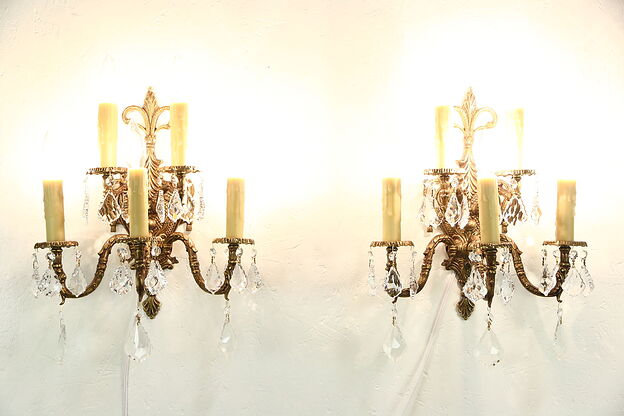 Pair of Vintage Bronze 5 Candle Wall Sconce Light Fixtures, Crystal Prisms photo