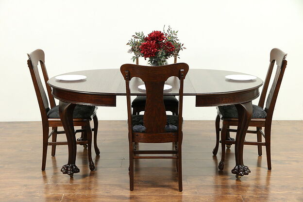 Quarter Sawn Oak Antique Round 48" Dining Table, 2 Leaves, Lion Paw Feet #30293 photo