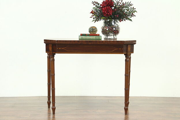 Console Table opens to Game Table, Antique Mahogany Inlaid Banding, England photo