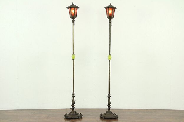 Pair of Antique Lantern Floor Lamps, Mica Shades, Signed Rembrandt #28545 photo