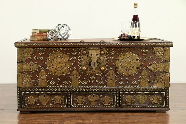 Teak & Brass Indian Vintage Trunk, Chest or Coffee Table #30439 photo