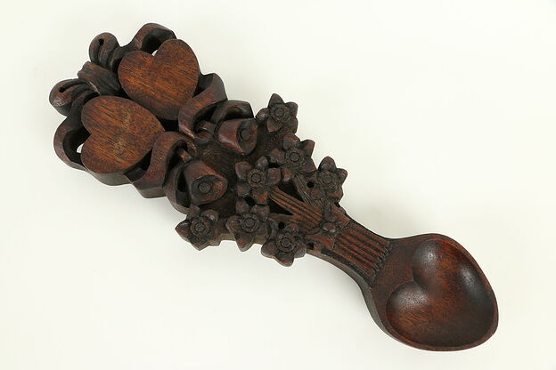 Welsh Hand Carved Mahogany Traditional Wedding Spoon, Hearts & Flowers #32010 photo