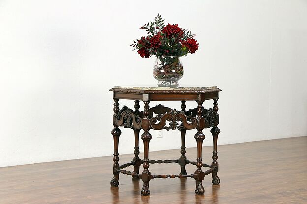 English Tudor Hexagonal Carved 1920 Antique Lamp Table, Marble Top #30093 photo
