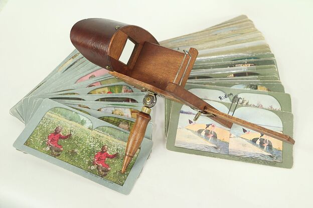 Stereo Antique Stereoscope Viewer & 75 Humorous & Travel Cards Set #29124 photo
