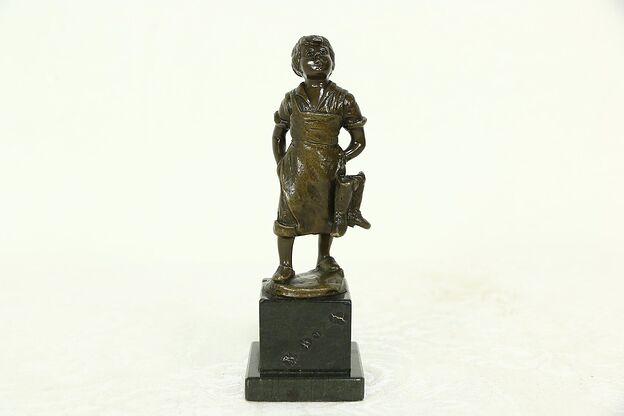 Bronze Antique Statue of a Girl Wearing Clogs Signed H. Eichberg, Marble Base photo