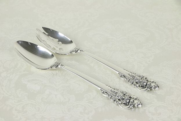 Grand Baroque Wallace Pair Sterling Silver 9" Salad Serving Spoons #30266 photo