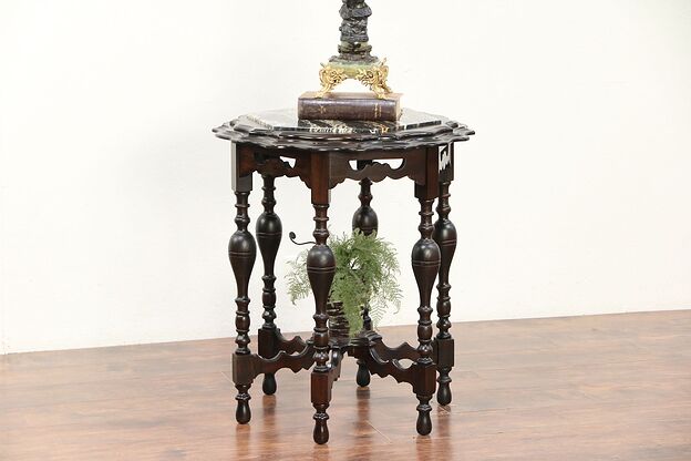 Hall Center or Antique Carved Lamp Table, Hexagonal Black Marble #29640 photo