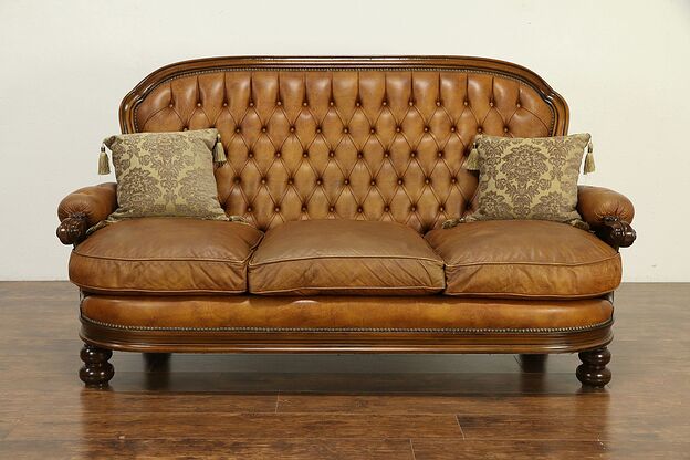 Italian Vintage Tufted Leather Sofa, Carved Fruitwood, Down Cushions #30804 photo