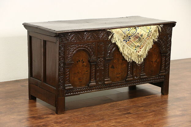 French Carved Oak 1700's Antique Trunk or Dowry Chest, Marquetry photo