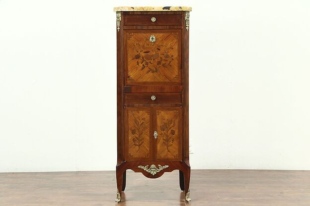 Marble Top Antique Marquetry Secretary Desk & Jewelry Chest, France #28701 photo