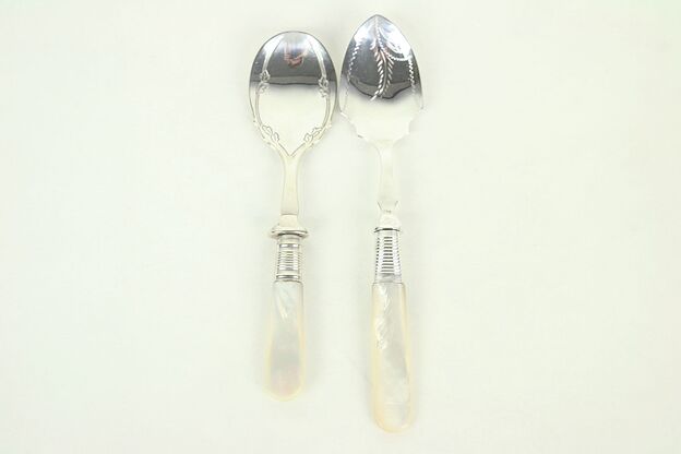 Pair of Pearl Handle Engraved Silverplate Serving Spoons, England #28894 photo