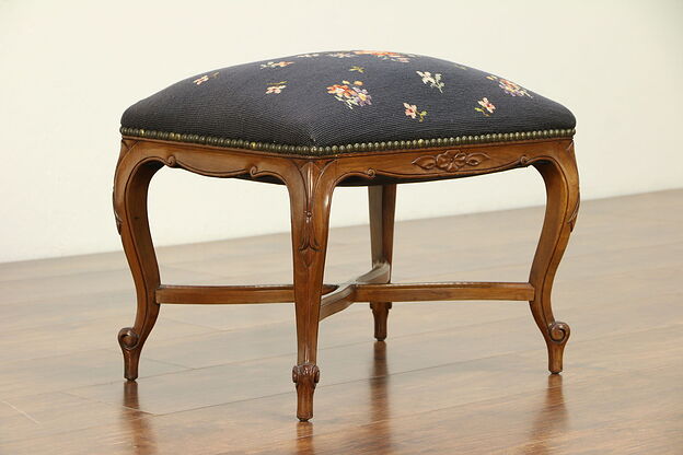 French Antique Carved Fruitwood Stool or Bench, Needlepoint Upholstery #30346 photo