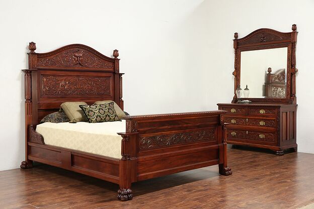 Northwind Design Hand Carved Antique Mahogany Queen Size 2 Pc Bedroom Set #29697 photo