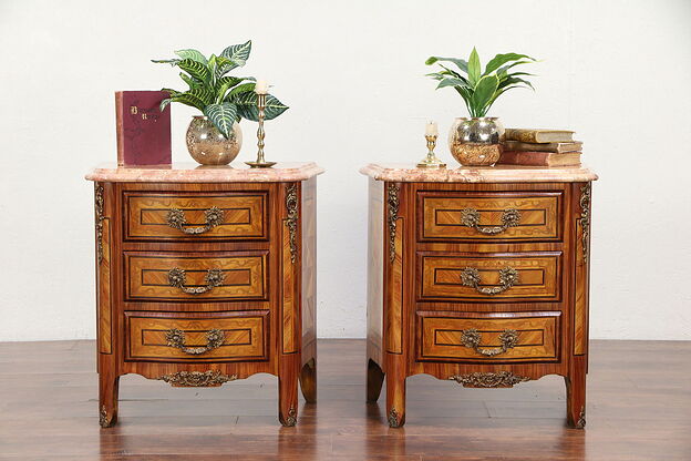 Pair Rosewood Marquetry Italian Marble Top Vintage Chests or Nightstands #30060 photo