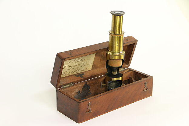 English Antique Brass Microscope, Inscription Wapping, Mahogany Case #30193 photo