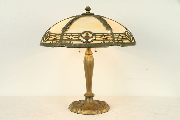 Lamp with Stained Glass Filigree Shade, Original Antique Painting #31337 photo