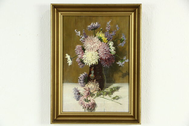 Flowers & Vase Still Life Original Oil Painting, 1920 Antique photo