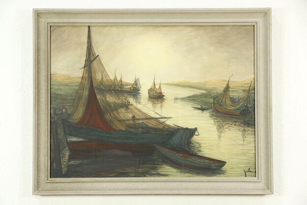 Harbor & Sailing Ships, 1940 Vintage Scandinavian Watercolor Painting, Signed photo