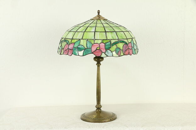 Leaded Stained Glass Shade Antique Lamp, Brass Base #31674 photo